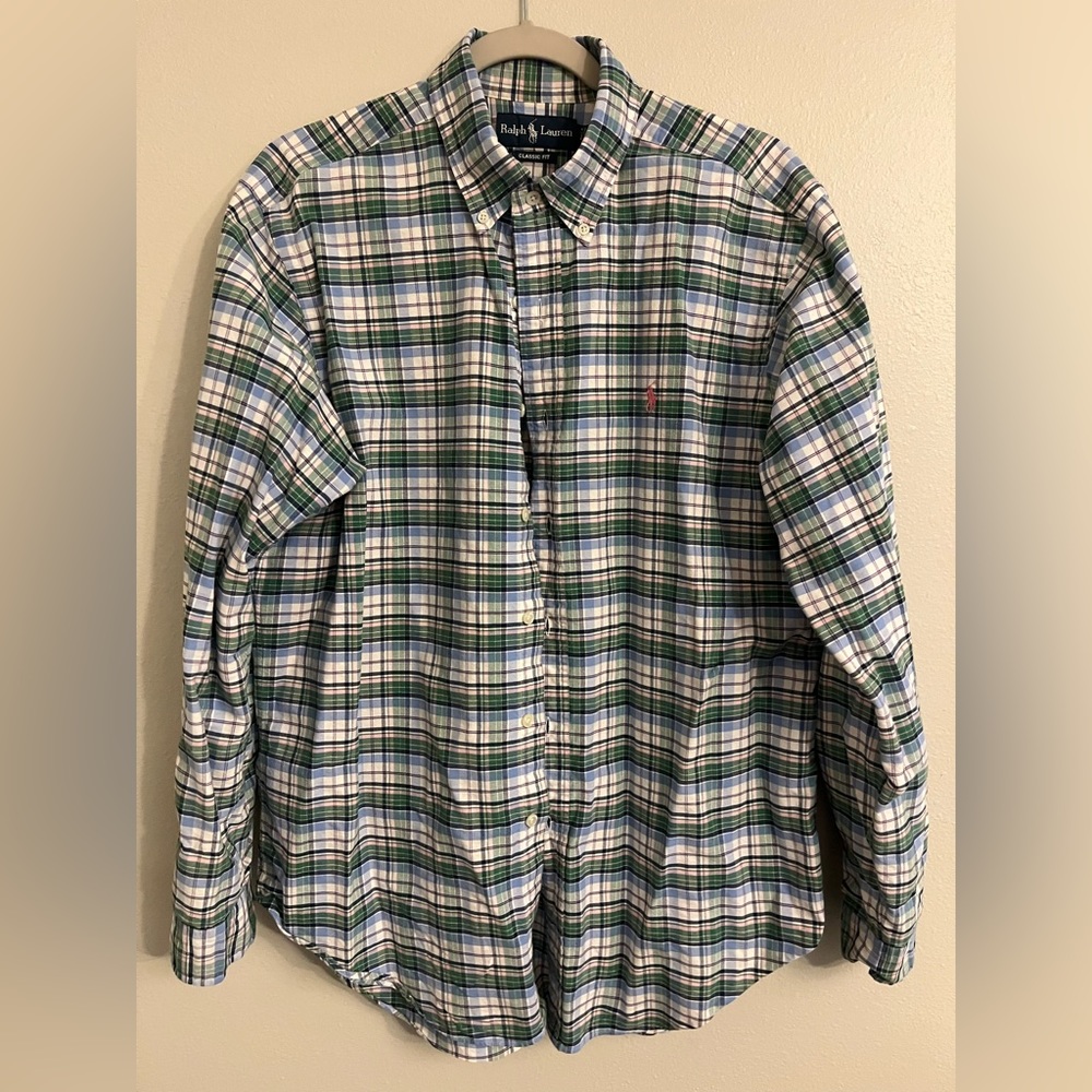 Ralph Lauren Large Classic Fit Oxford button down. Navy green pink green plaid.